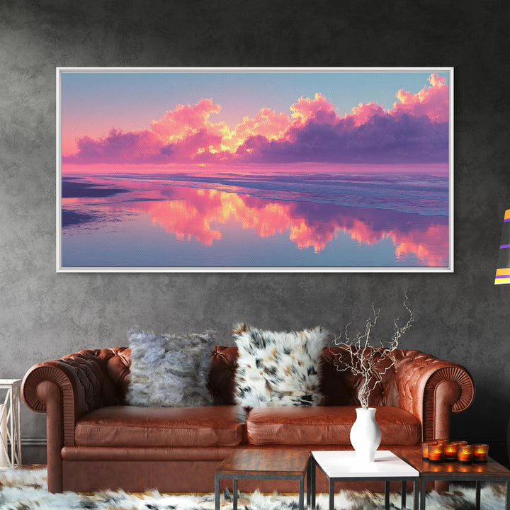 Surreal Pink Cloudy Beach Sunset Reflection Wall Art Framed Canvas Print For Living Room Home Decor Coastal Art