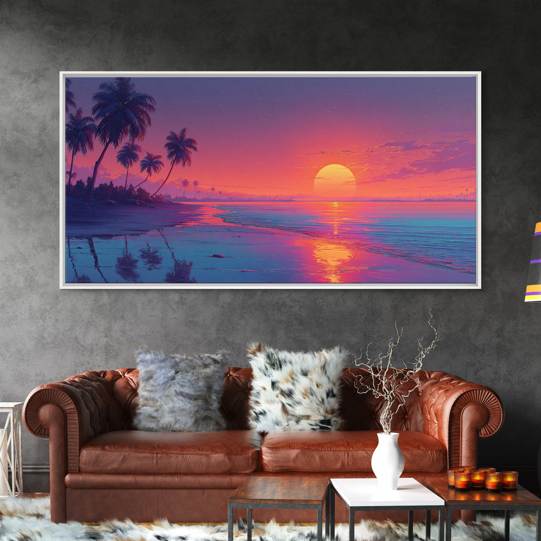 Serene Sunset Tropical Beach Landscape Digital Painting Large Wall Art For Living Room Framed Canvas