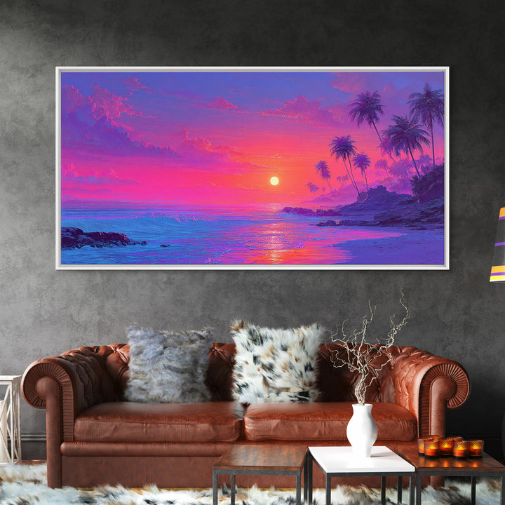 Tropical Sunset Beach With Palm Trees And Calm Ocean Waves Canvas Print Large Wall Art For Bedroom Coastal Home Decor Prints