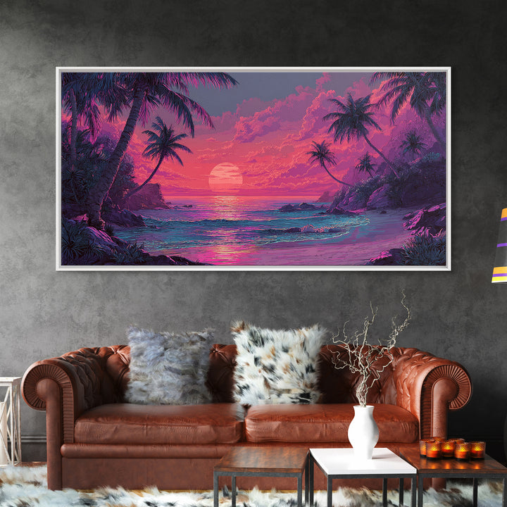 Tropical Pink Sunset Over Quiet Beach With Palm Trees Vibrant Coastal Wall Art Canvas Print For Modern Home Decor