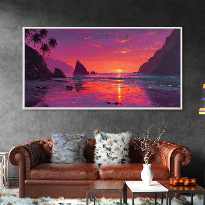Vibrant Sunset Over Rocky Coastal Landscape Framed Canvas Print Large Wall Art For Modern Living Room And Contemporary Home Decor