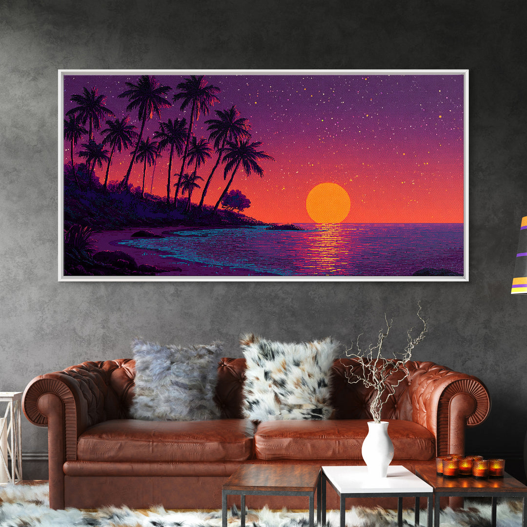 Pixel Art Vibrant Tropical Sunset Beach Scene With Palm Trees Retro Style Wall Art Framed Canvas Print For Coastal Decor
