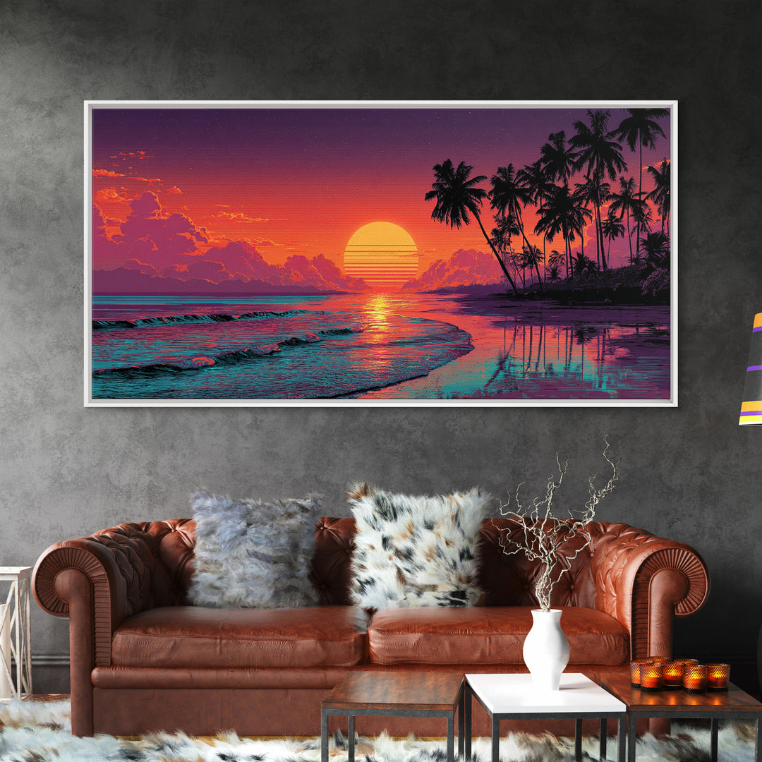 Sunset Tropical Beach Scene With Palm Trees And Calming Ocean Waves Aesthetic Wall Art For Coastal Home Decor