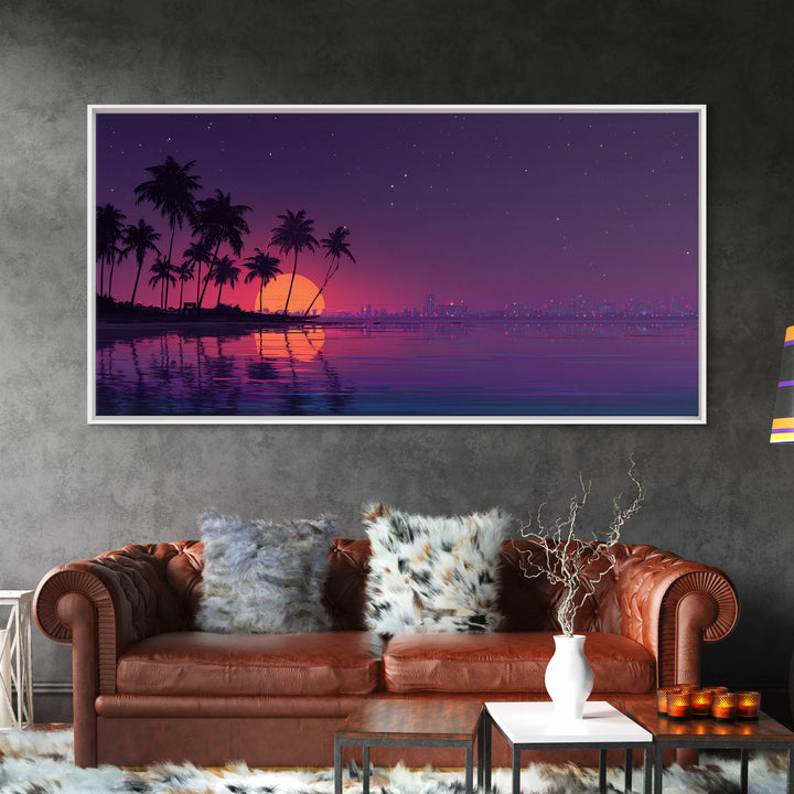 Digital Retro Sunset Beach Scene With Palm Trees Silhouettes Vibrant Coastal Wall Art Modern Wall Art Canvas Print