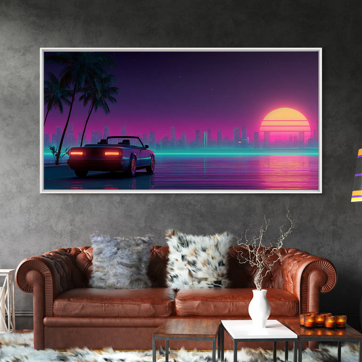 Retro Futuristic Cityscape With Classic Car Neon Colors Digital Art Canvas Print For Living Room Wall Art