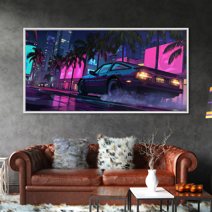 Retro Futurism DeLorean Car In Neon Cityscape Night Urban Wall Art Modern Canvas Print For Office Decor
