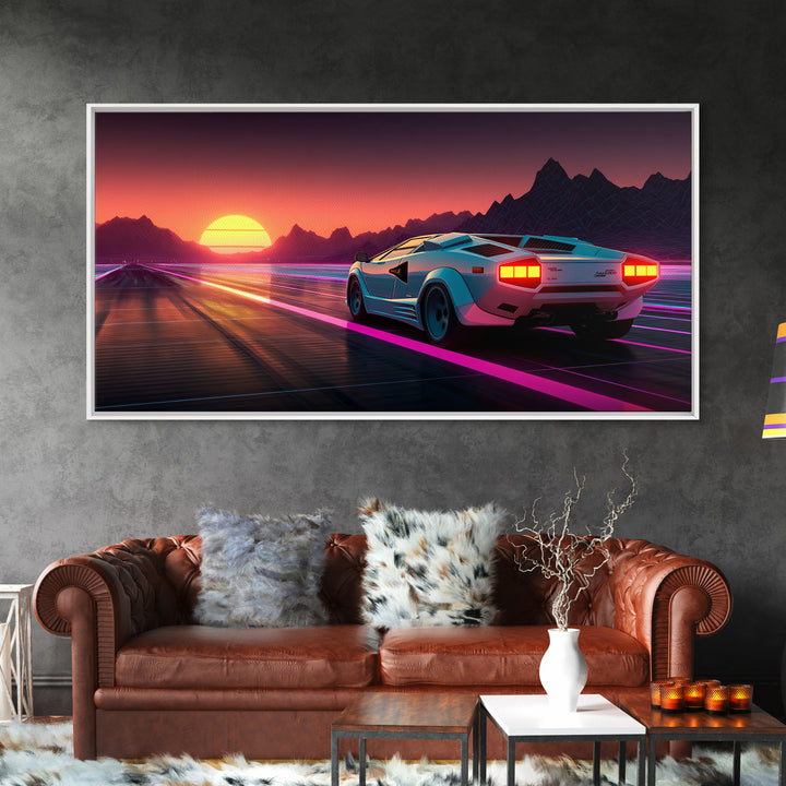 Retro Futuristic Sunset With Sports Car Driving Down Neon Highway Wall Art Print Modern Home Decor Canvas