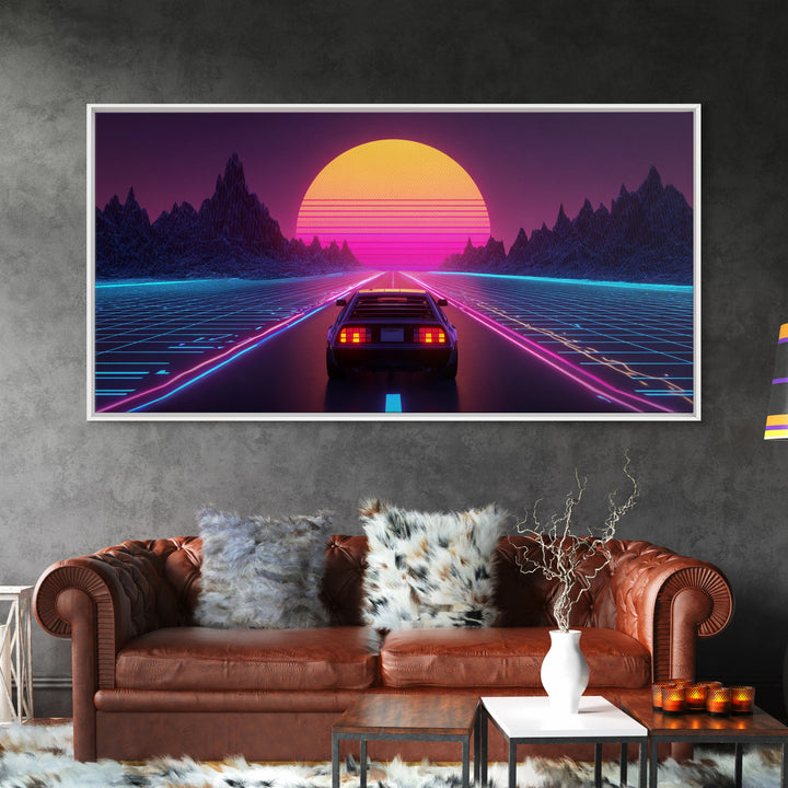 Retro Futuristic DeLorean Car Driving Toward Neon Digital Sun Synthwave Landscape Canvas Print Modern Wall Art For Office Decor