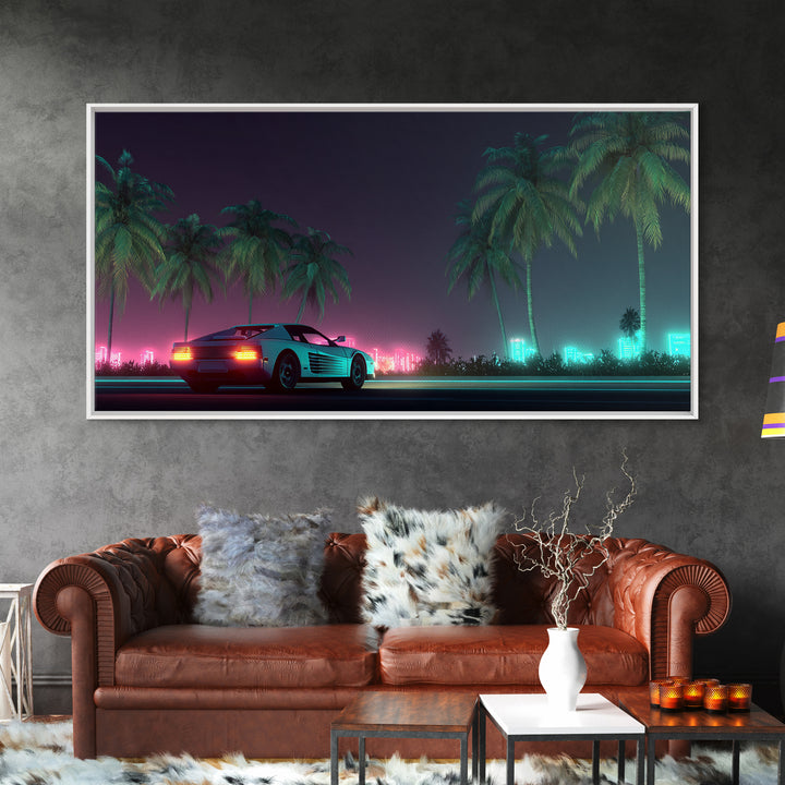 Retro Futuristic Car Neon Night Scene With Palm Trees And City Lights Canvas Print Modern Wall Art For Living Room Decor