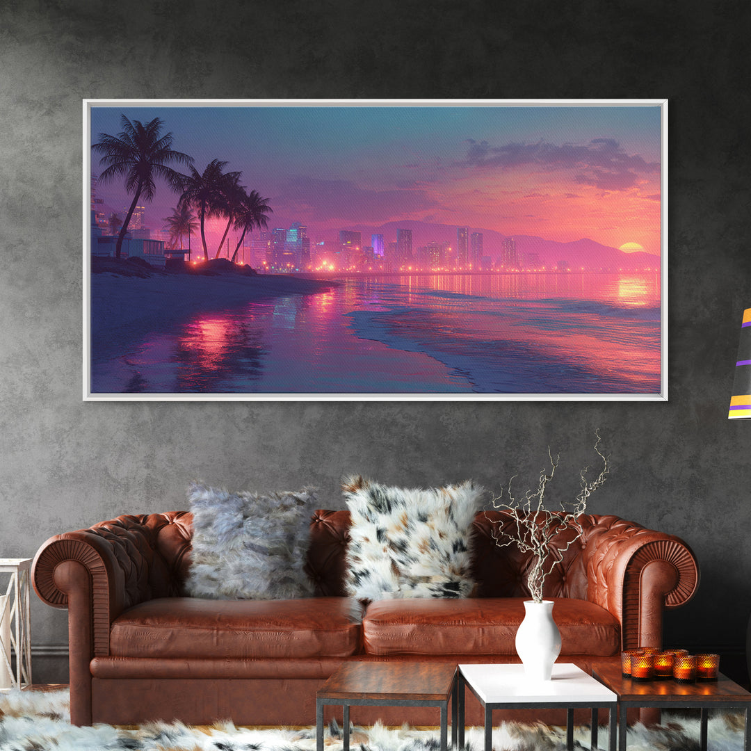 Beautiful Tropical Sunset Over Water With Palm Trees Vibrant Landscape Painting Wall Art Canvas Print