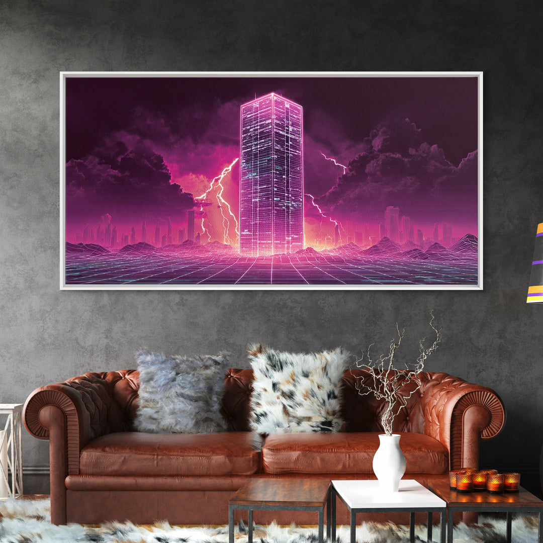 Vibrant Cyberpunk Neon Cityscape With Lightning Night Sky Retro Futuristic Wall Art High Quality Canvas Print