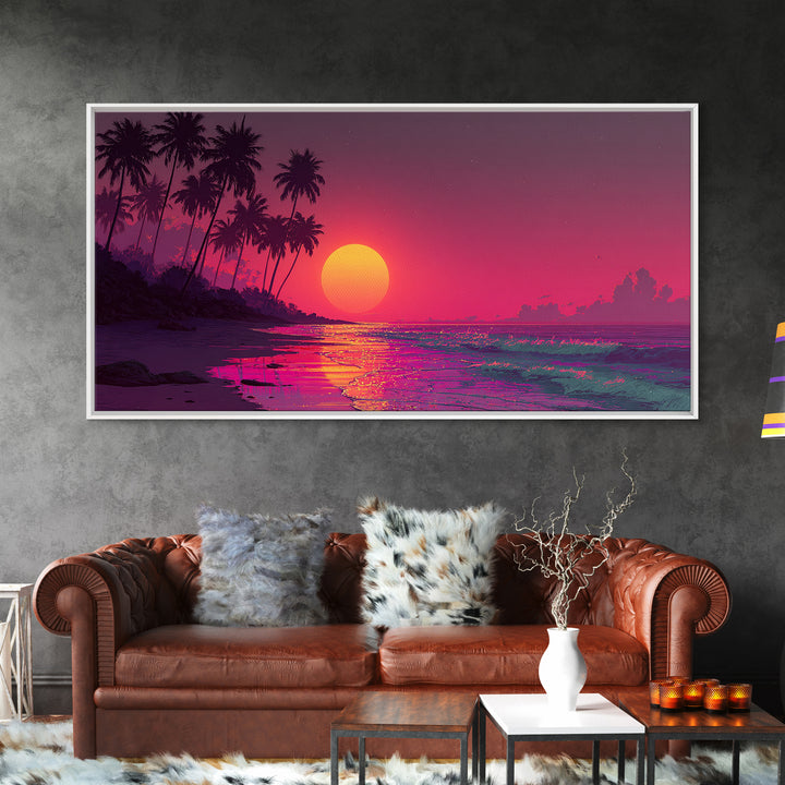 Vibrant Tropical Sunset Over Ocean With Palm Trees Canvas Print Coastal Wall Art Large Contemporary Wall Art For Beach House