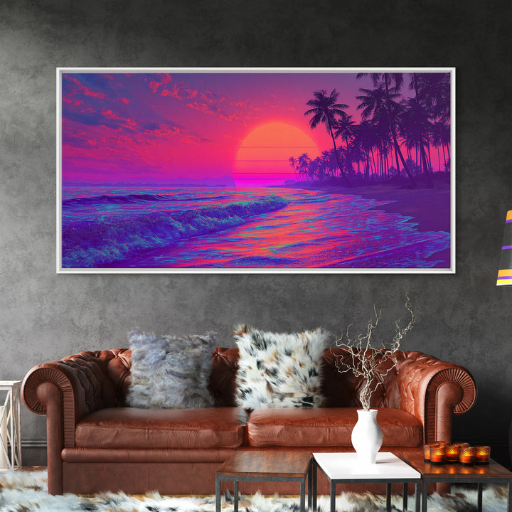Vibrant Neon Sunset Beach Scene Wall Art With Palm Trees And Pink Purple Sky Canvas Print For Tropical Home Decor