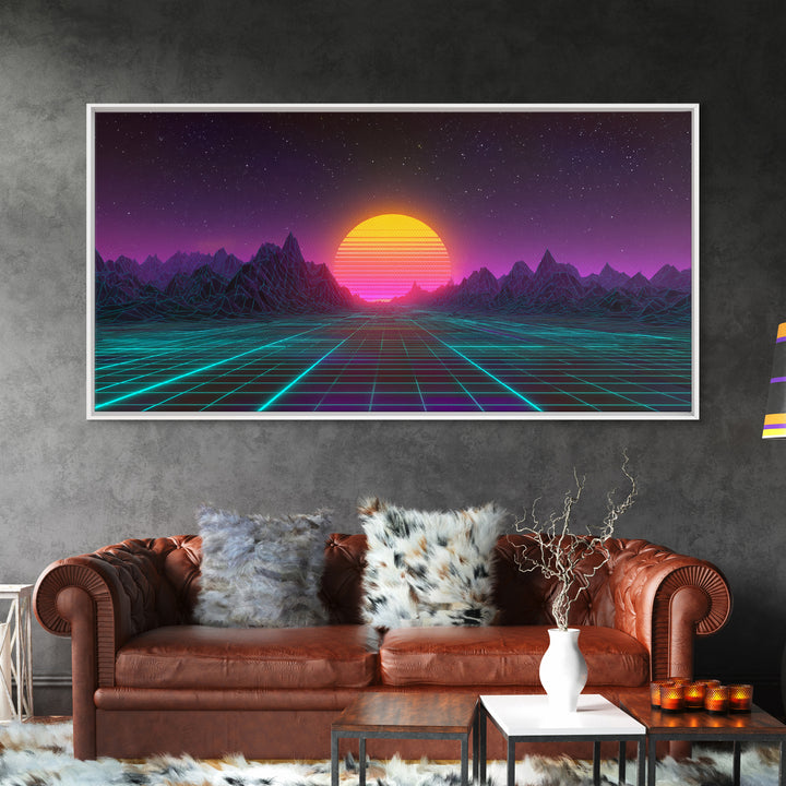 Retro Futuristic Neon Sunrise Over Wireframe Mountain Landscape Digital Artwork Canvas Print Wall Art for Modern Room Decor