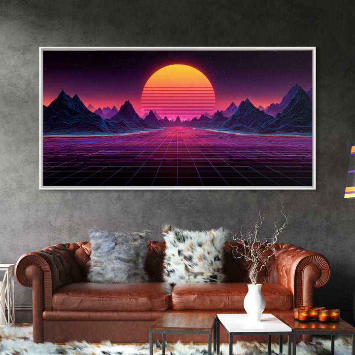 Retro Futuristic Synthwave Landscape With Neon Sun Canvas Print Wall Art For Modern Aesthetic Decor
