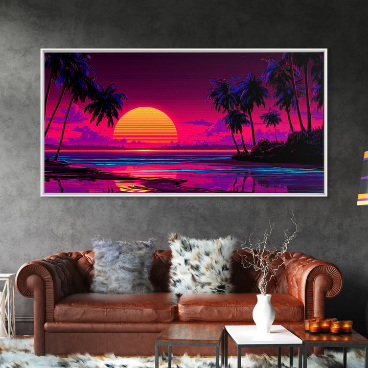 80s Retro Sunset Over Tropical Beach With Palm Trees Vibrant Neon Colors Canvas Print Framed Wall Art Large Wall Art For Living Room