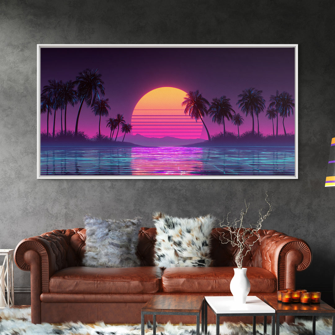 Retro Sunset Beach Scene With Palm Trees And Reflective Water Canvas Print Vibrant Coastal Wall Art