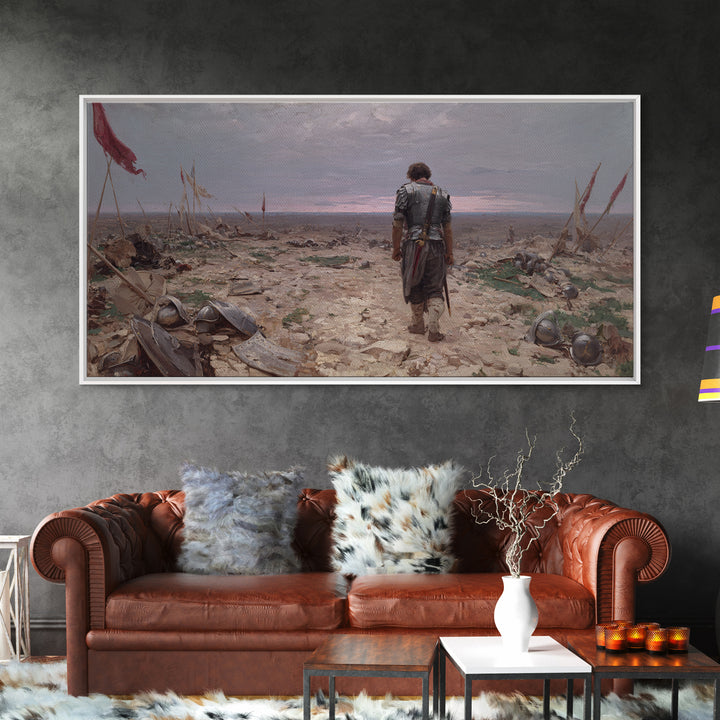 Lone Knight Walking Through Battlefield Wall Art, Medieval Landscape Canvas Print, Dark Academia Office Decor, Gift For Him