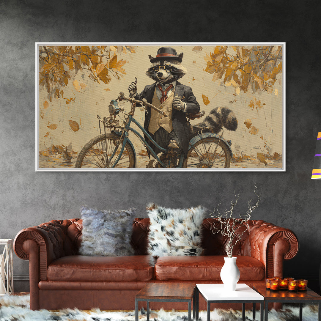 Raccoon Riding Bicycle In Autumn Leaves Wall Art, Whimsical Animal Decor, Funny Woodland Nursery Art, Gift For Her, Kids Room Decor