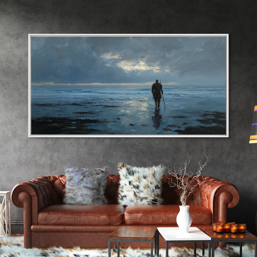 Lone Warrior Wading Through Blue Seascape Wall Art, Moody Ocean Canvas Print For Bedroom Decor And Masculine Office Decor