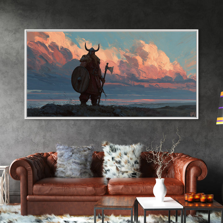 Horned Viking At Sunset Over Fjord Canvas Print, Nordic Landscape Wall Decor, Western Rustic Home Decor, Masculine Art Gift