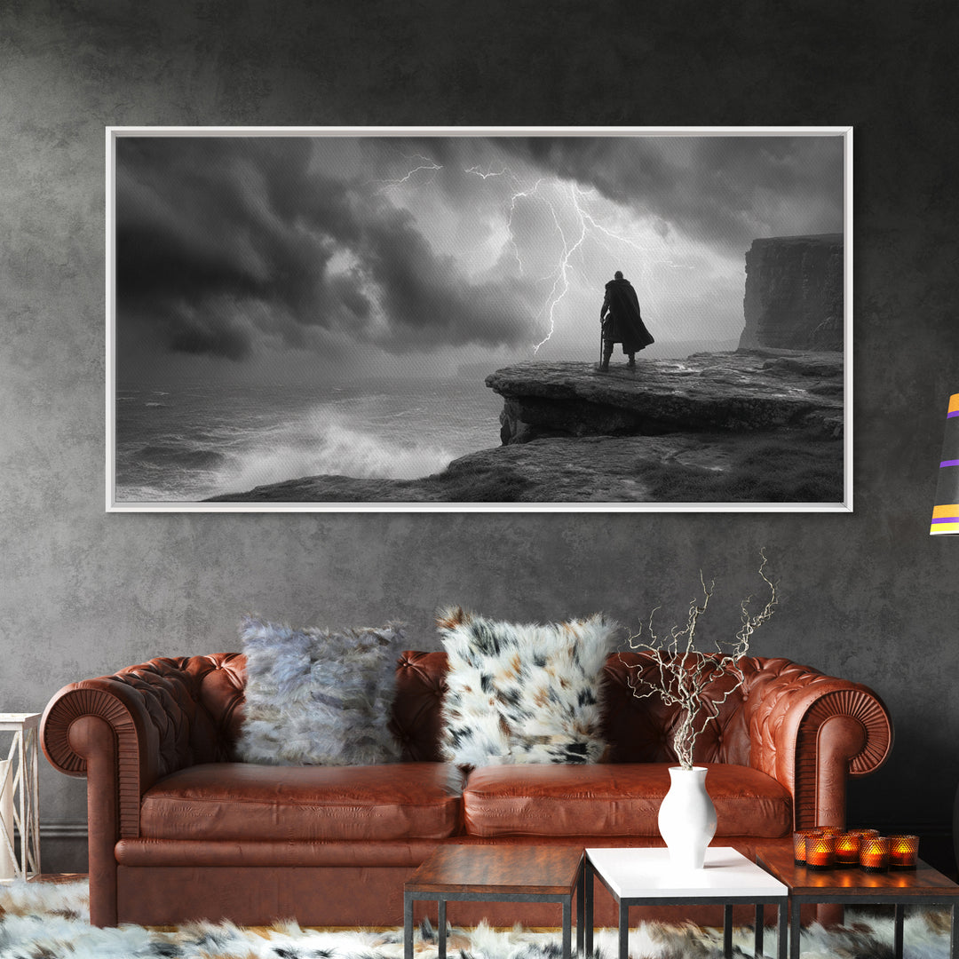 Dark Warrior On Stormy Sea Cliff Wall Art, Black And White Art, Gothic Wall Art, Moody Seascape, Masculine Office Decor