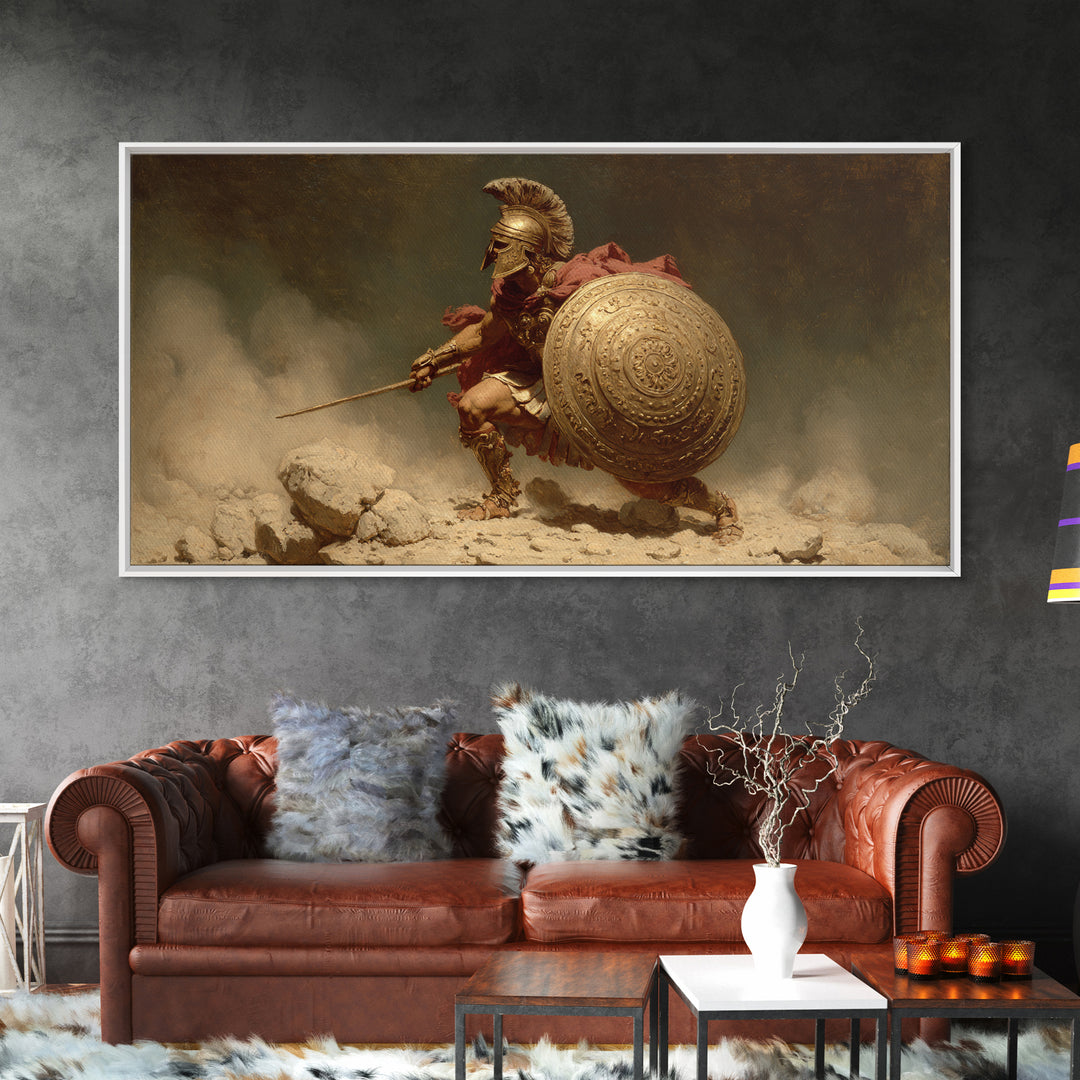 Golden Spartan Warrior With Round Shield Canvas Print, Ancient Greek Wall Art, Mythological Battle Decor For Masculine Office