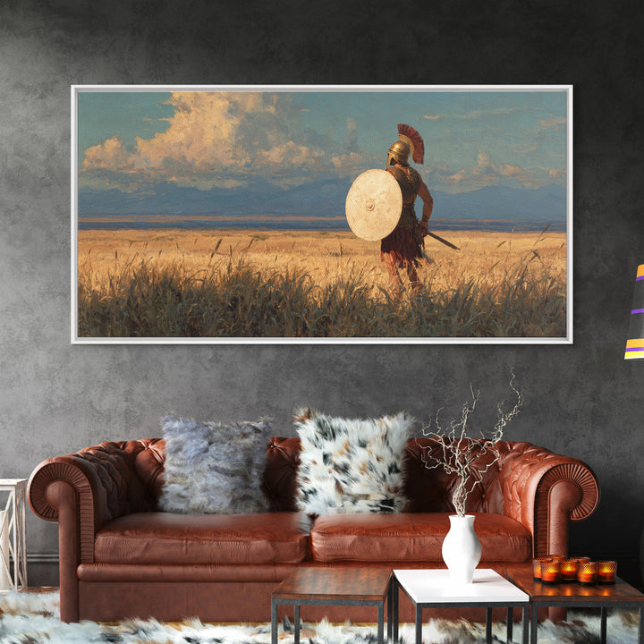 Spartan Warrior In Golden Field Framed Canvas Print, Ancient Greek Landscape Wall Decor, Historical Wall Art For Home Decor