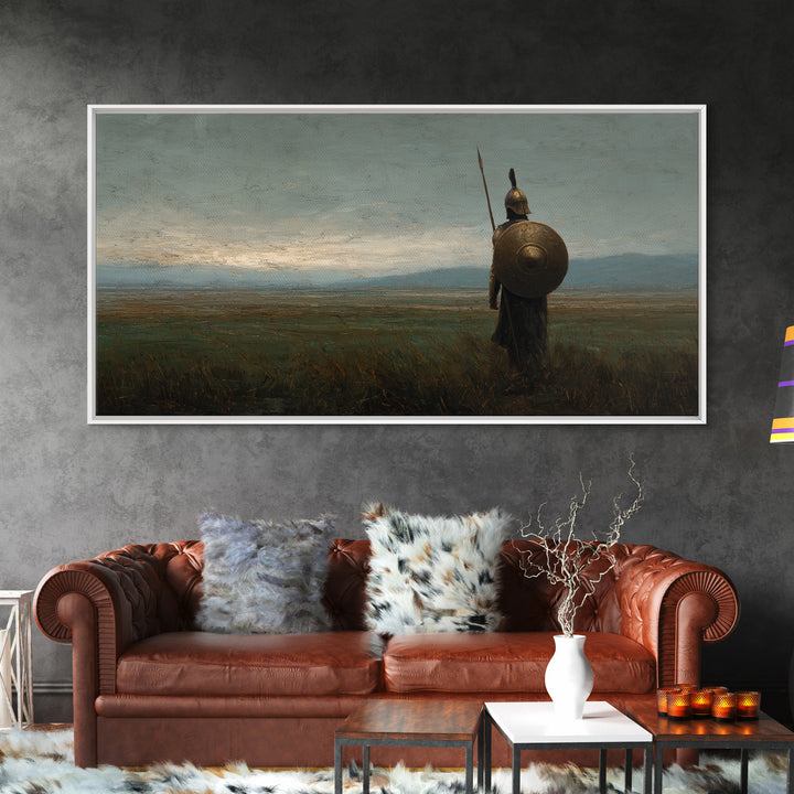 Ancient Shield Warrior In Quiet Field Wall Art Historical Landscape Painting, Greek Soldier Canvas Print For Office Decor