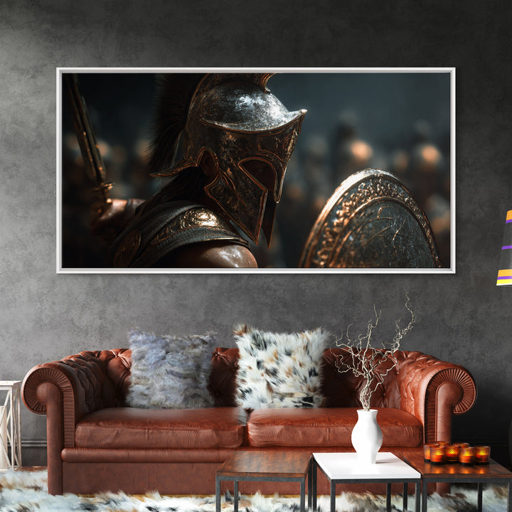 Bronze Spartan Soldier With Shield Framed Canvas Print, Ancient Greek Wall Art, Gladiator Decor, Masculine Office Poster