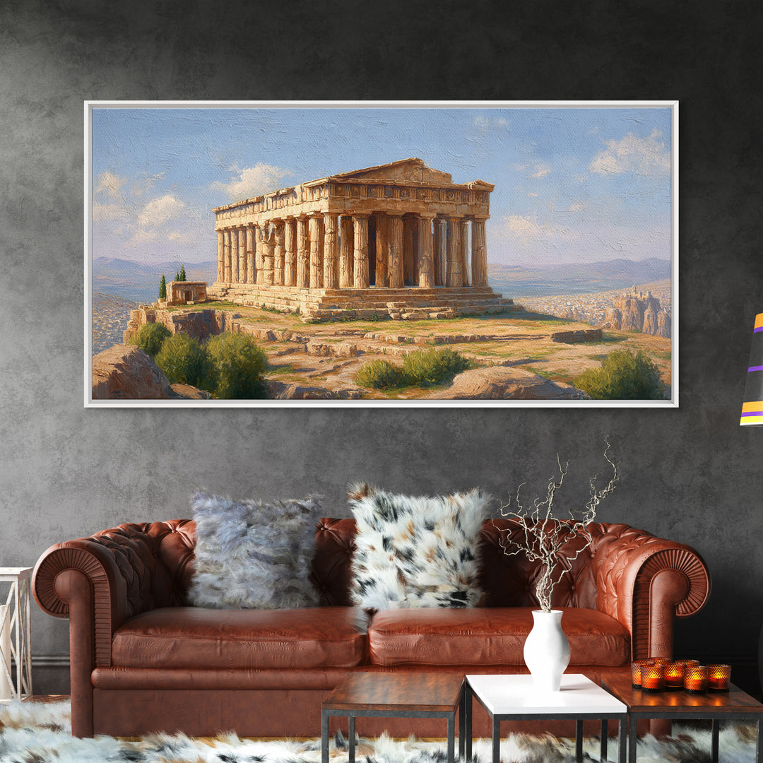 Sunlit Greek Temple Parthenon Wall Art, Ancient Architecture Painting, Mediterranean Landscape, Classic Home Decor Print