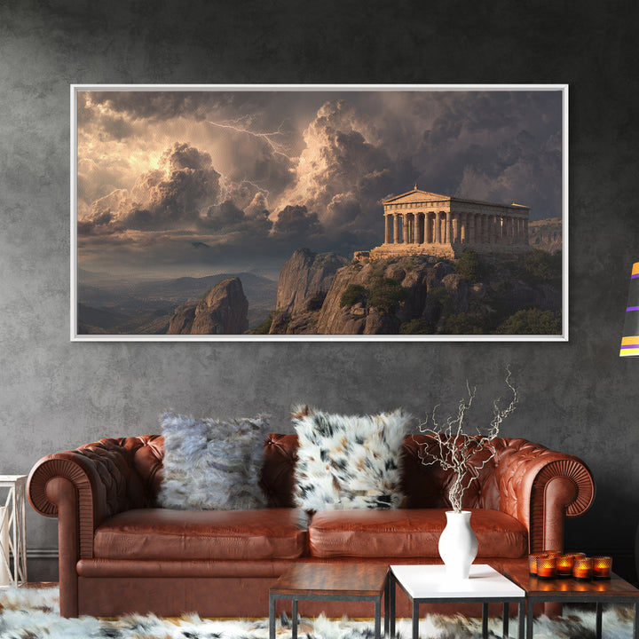 Ancient Greek Temple Storm Over Mountain Cliffs Wall Art, Mythological Landscape, Greece Decor, Dramatic Fine Art Print Poster