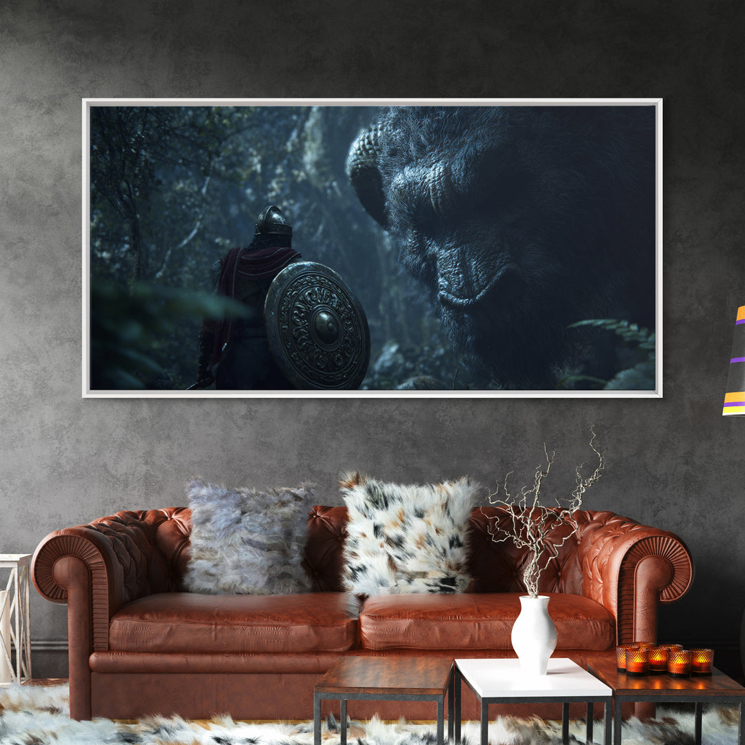 Armored Warrior Facing Giant Forest Bear Framed Canvas Print, Fantasy Art, Animal Wall Art, Dark Wall Art, Unique Gift, Home Decor