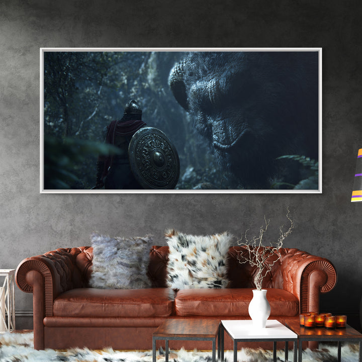 Armored Warrior Facing Giant Forest Bear Framed Canvas Print, Fantasy Art, Animal Wall Art, Dark Wall Art, Unique Gift, Home Decor