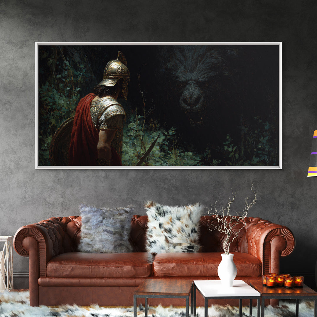 Dark Warrior Facing Bear Framed Canvas Print, Mythic Fantasy Wall Art, Gothic Forest Living Room Decor, Gift For Him, Man Cave