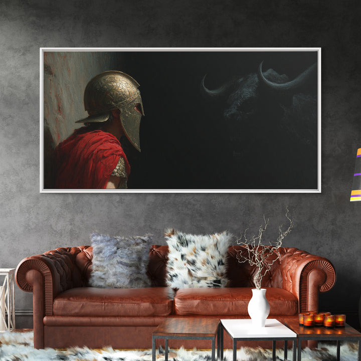Helmeted Hero Facing Shadow Bull Framed Canvas Print, Mythological Wall Art, Dark Fantasy Decor, Greek Myth Gift For Him