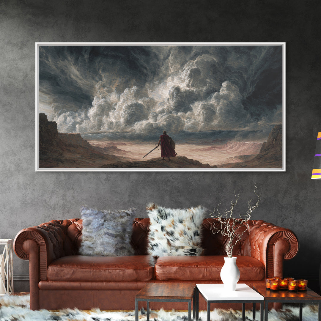 Solitary Warrior Beneath Apocalyptic Storm Canvas Print, Epic Fantasy Wall Art, Dramatic Landscape Decor For Living Room