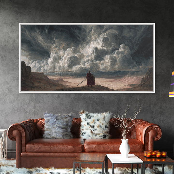 Solitary Warrior Beneath Apocalyptic Storm Canvas Print, Epic Fantasy Wall Art, Dramatic Landscape Decor For Living Room