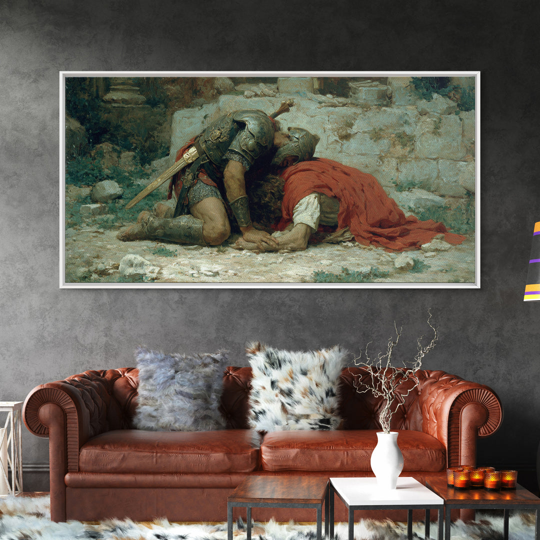Fallen Knight Mourning In Ruins Wall Art, Medieval Tragedy Canvas Print, Historical Warrior Decor For Living Room And Office