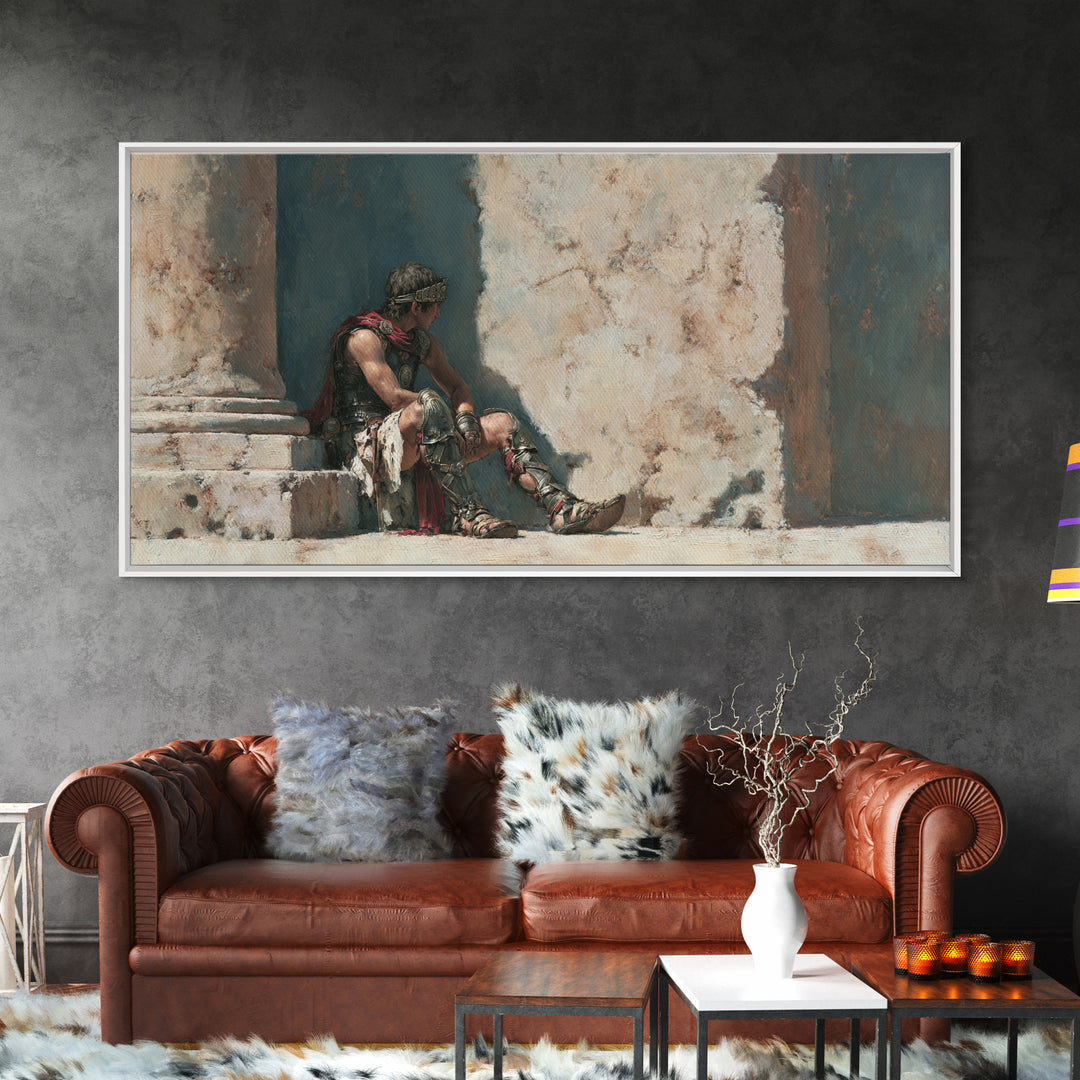 Resting Roman Gladiator In Sunlit Stone Hall Wall Art, Historical Warrior Framed Canvas Print For Classical Home Decor Gift