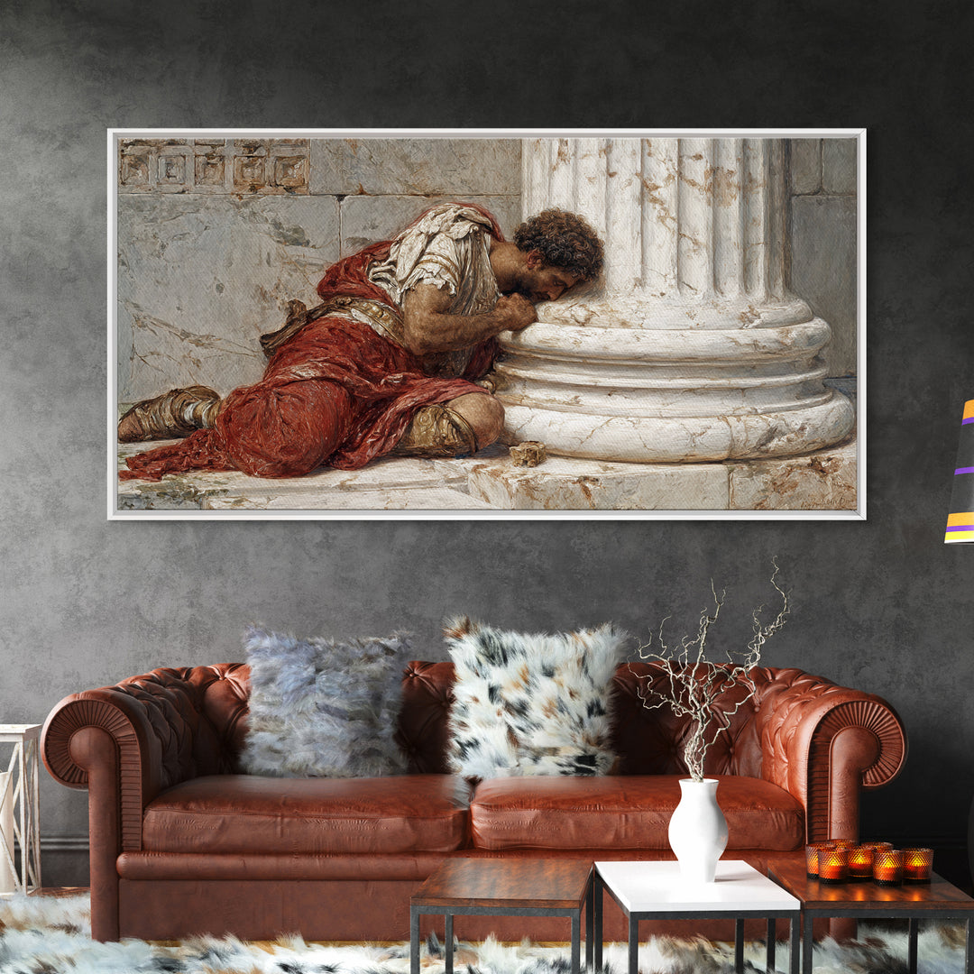 Wounded Roman By Marble Column Framed Canvas Print, Classical History Wall Art, Dark Academia Decor, Ancient Rome Artwork