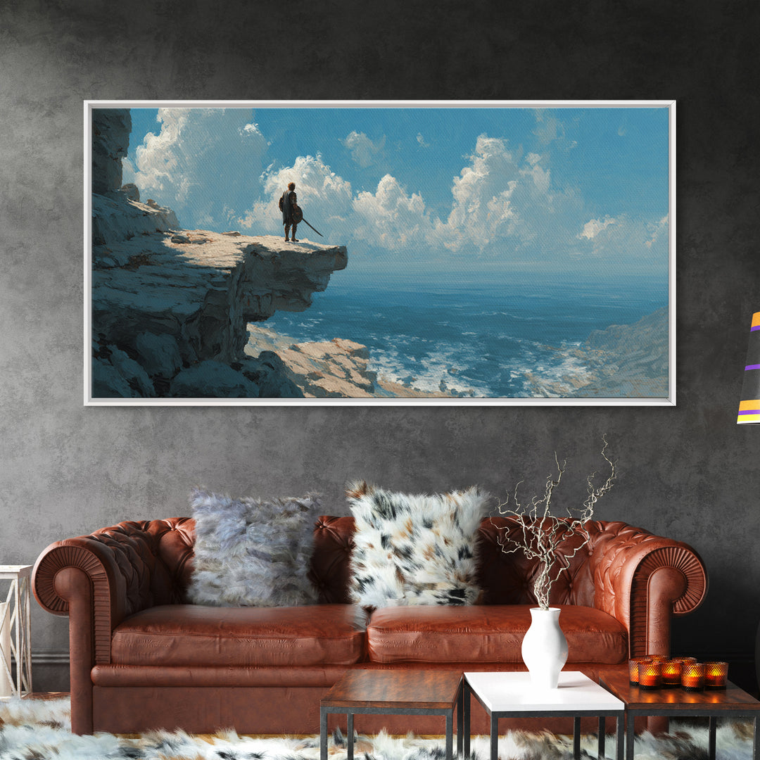 Heroic Warrior Facing Ocean Cliffs Under Cloudscape Landscape Wall Art Canvas Print Epic Adventure Outdoor Painting Decor