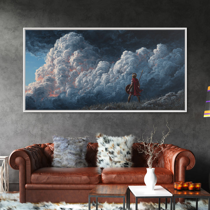 Small Warrior Before Towering Storm Clouds Wall Art, Dramatic Fantasy Canvas Print For Kids Room Decor And Moody Home Decor