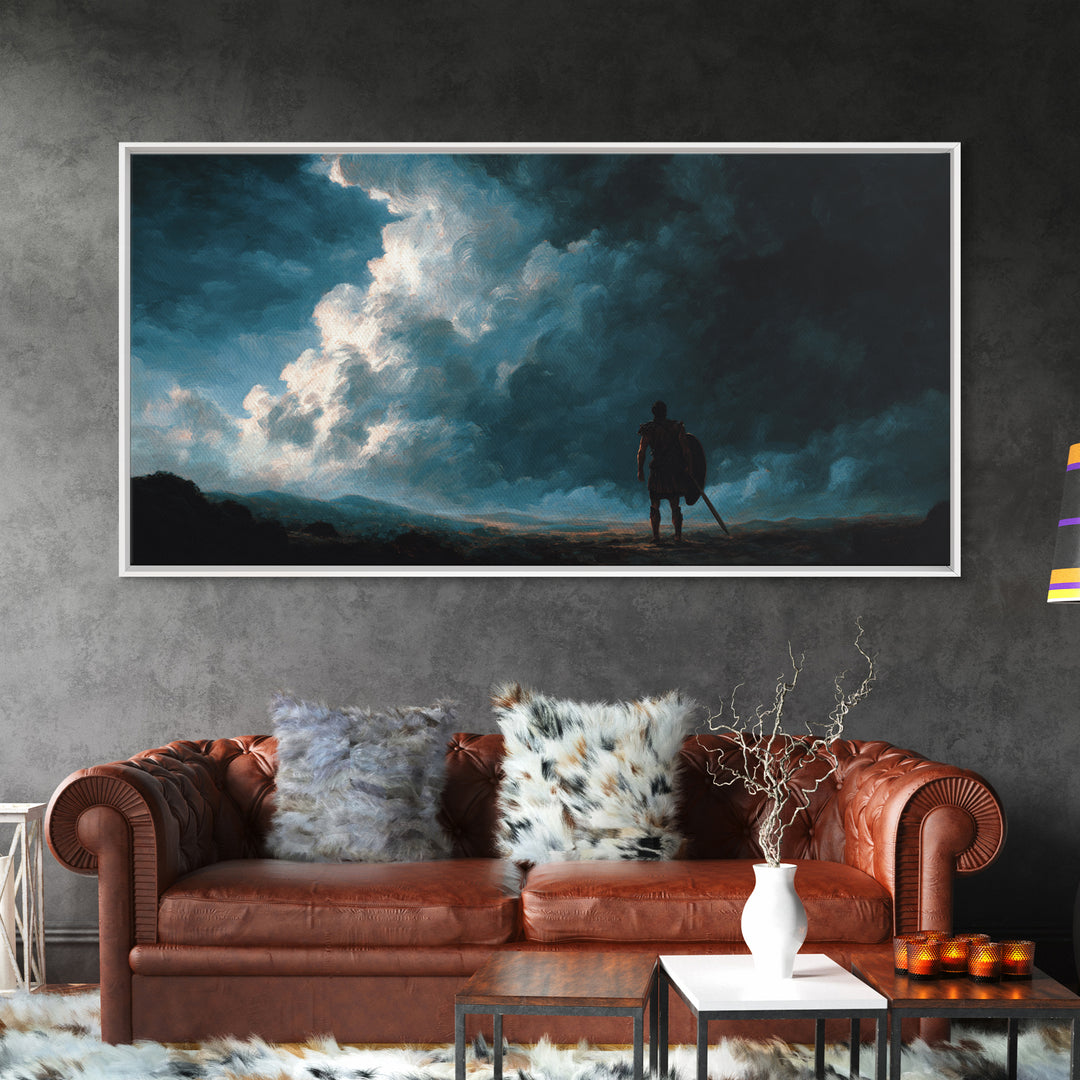 Lone Warrior Beneath Storm Clouds Canvas Print, Moody Landscape Wall Art, Dark Fantasy Decor, Masculine Office Art, Gift For Him