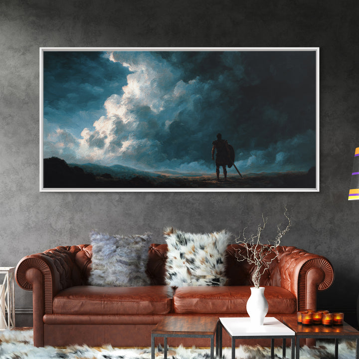 Lone Warrior Beneath Storm Clouds Canvas Print, Moody Landscape Wall Art, Dark Fantasy Decor, Masculine Office Art, Gift For Him