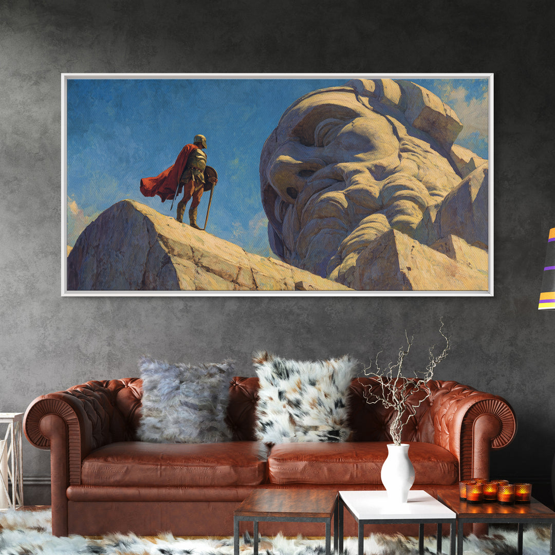 Knight Beside Giant Ancient Statue Wall Art, Epic Fantasy Landscape, Medieval Canvas Decor, Dramatic Office Art Print For Living Room
