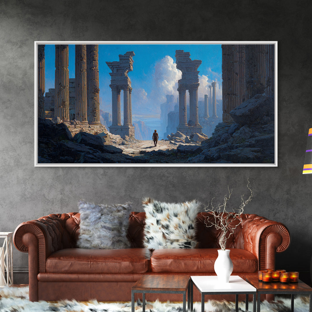 Ancient Ruins With Lone Wanderer Wall Art, Fantasy Landscape Print, Epic Temple Decor, Blue Adventure Canvas, For Living Room Decor