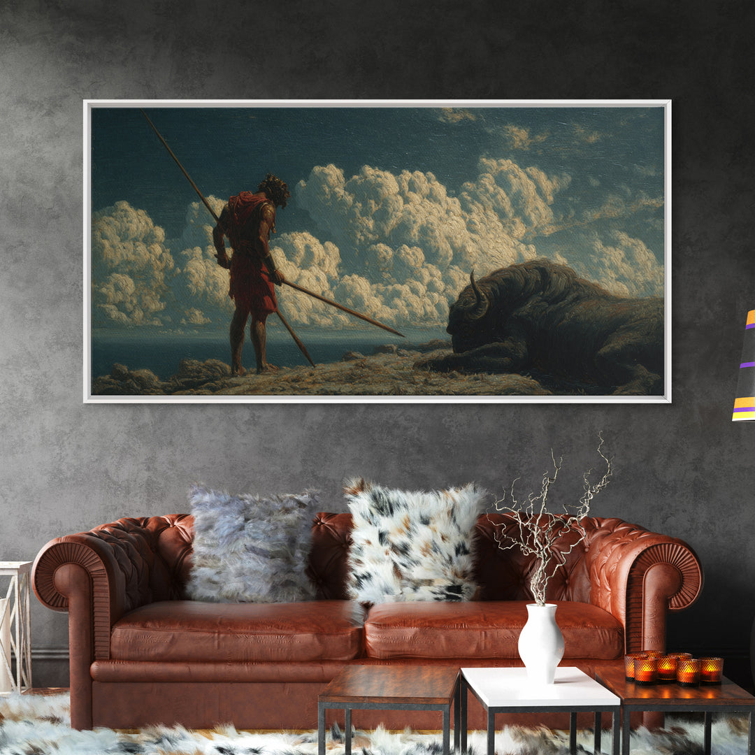 Ancient Spear Hunter And Bison Wall Art, Mythological Warrior Painting, Rustic Wildlife Decor, Epic Fantasy Home Decor Gift