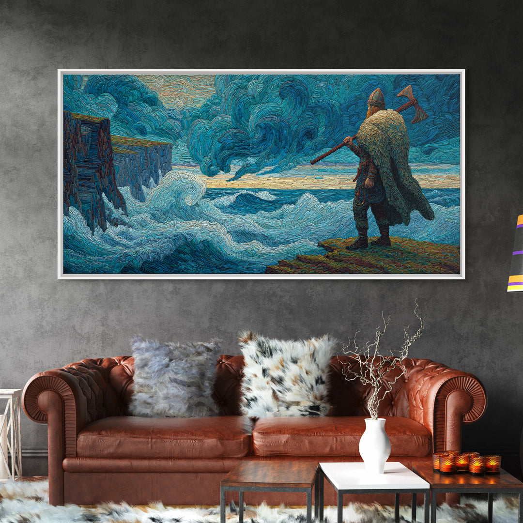 Viking Warrior Facing Blue Storm Waves Wall Art, Nautical Art, Fantasy Art, Textured Wall Art, Ocean Wall Art, Coastal Decor