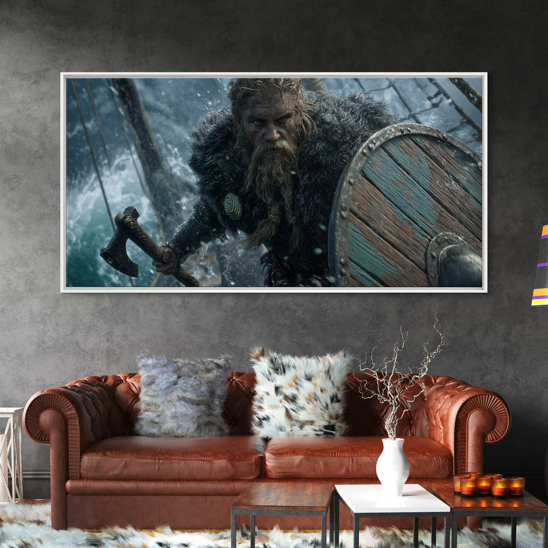 Dramatic Viking Warrior With Beard Holding Axe And Wooden Shield Battle Scene Wall Art Canvas Print